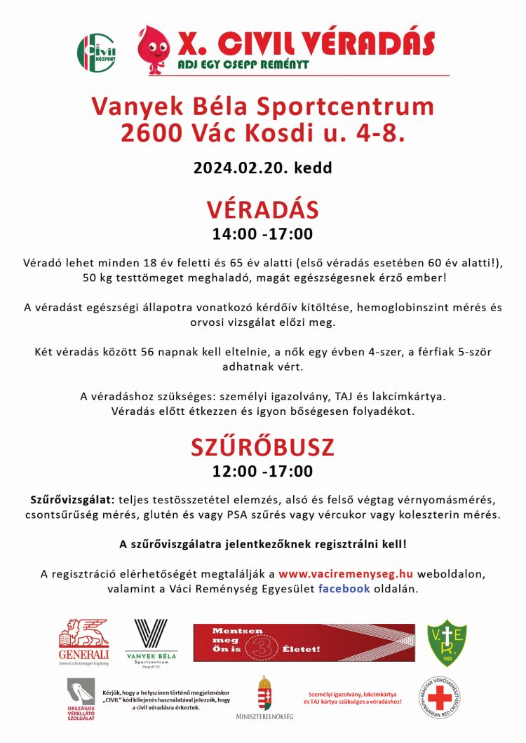 A Váci Reménység Egyesület idén is csatlakozik a Pest Vármegyei Civil Szolgáltató Központ véradás szervezéséhez