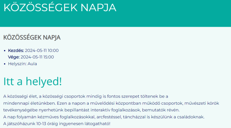 Itt a helyed! – Közösségek napja szombaton a Művelődési Központban