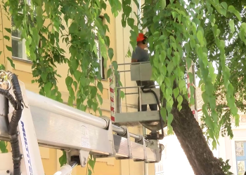 Munkában a kosaras autó