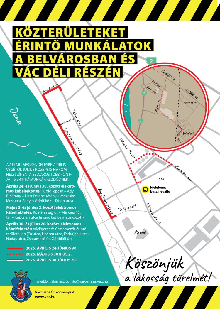 Közterületeket érintő elektromos kábelfektetési munkálatok a belvárosban és Vác déli részén