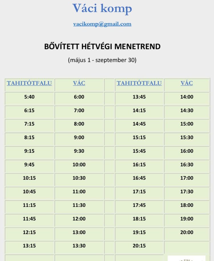 Május 1-től bővített hétvégi menetrenddel üzemel a váci komp