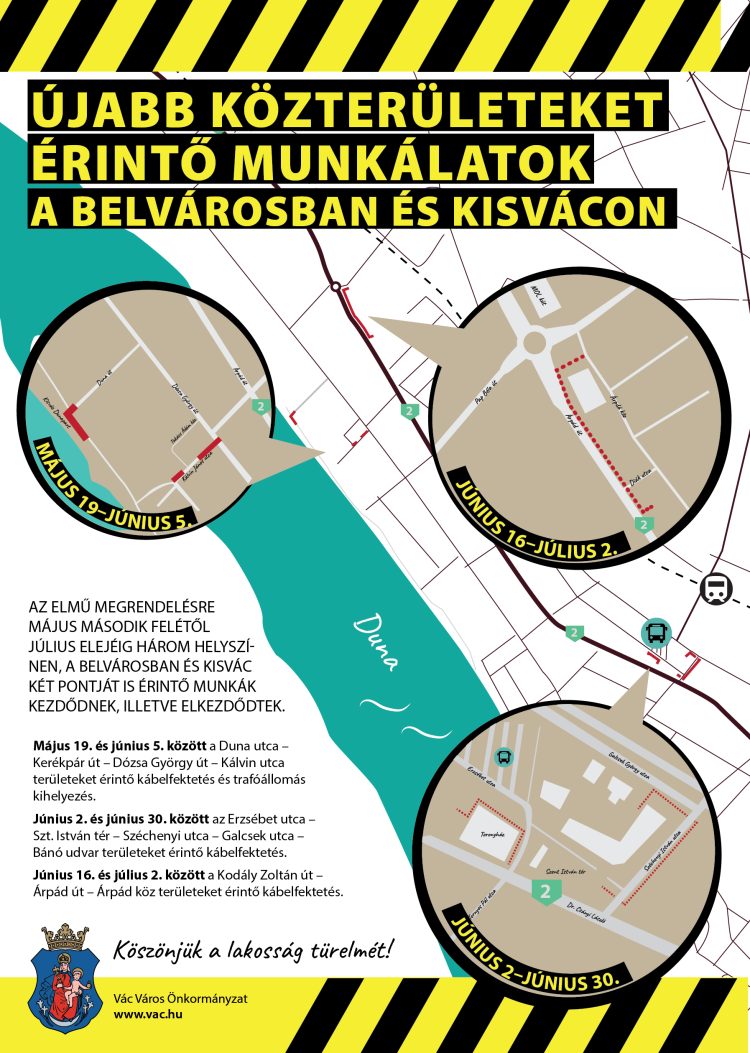 Újabb közterületeket érintő elektromos kábelfektetési munkálatok a belvárosban és Kisvácon