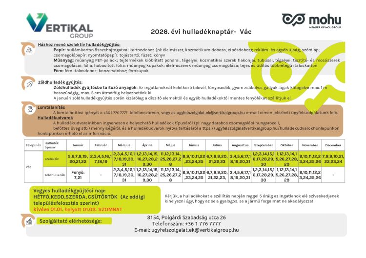Hétfőn elkezdődött a zöldhulladék gyűjtése a Vertikal Group táblázata szerint
