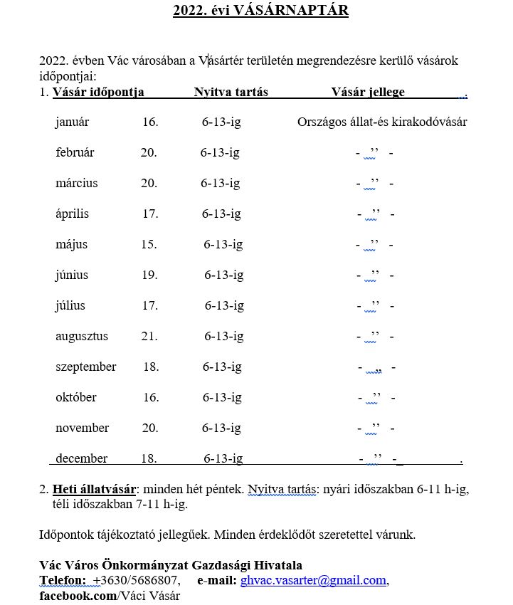 Januári vásár – éves vásárnaptár