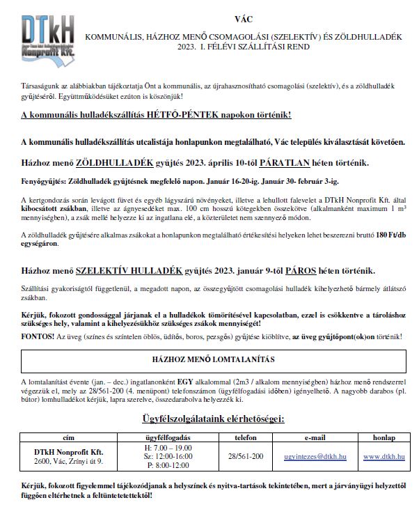 Hulladékgyűjtési tájékoztató 2023 első félévére