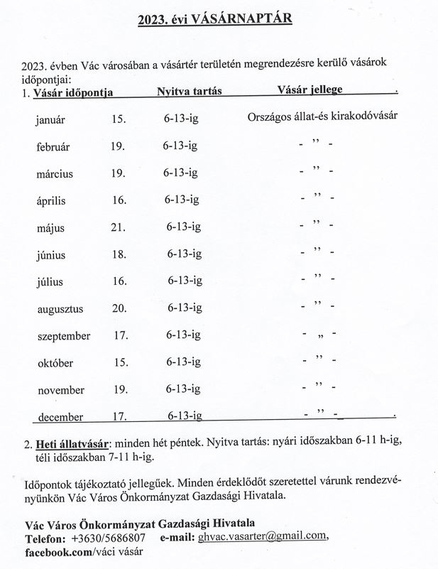 Vasárnap lesz az idei első váci vásár – Éves vásárnaptár