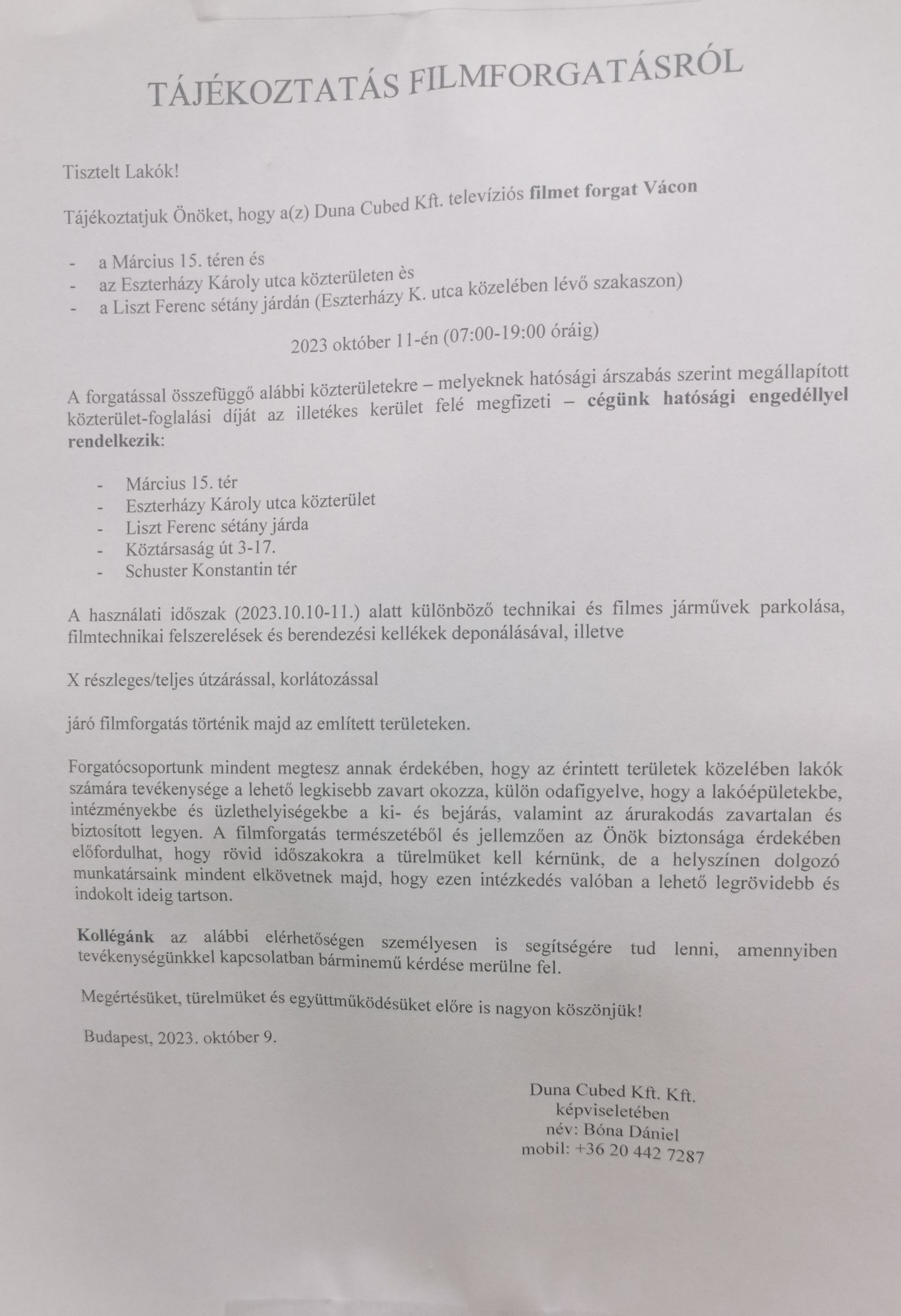 Egynapos filmforgatás a Belvárosban