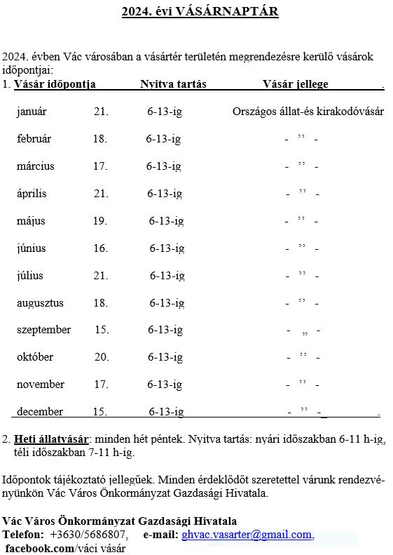 Az idei váci vásárnaptár