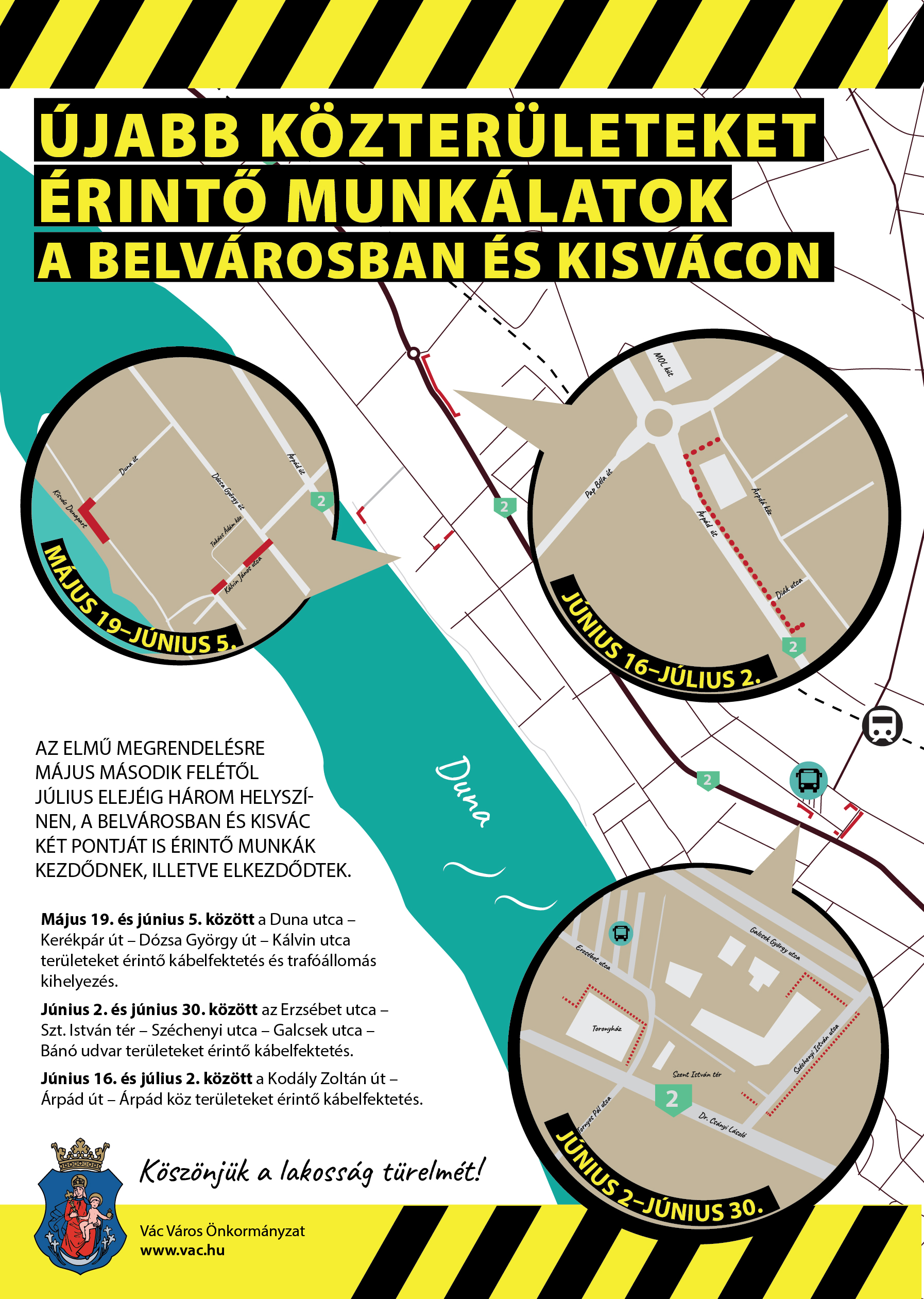 Újabb közterületeket érintő elektromos kábelfektetési munkálatok a belvárosban és Kisvácon.